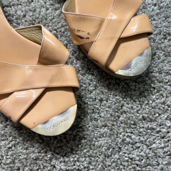 Jimmy Choo Womens 41 Nude Patent Leather Criss-Cross Wedge Slide Sandals - Picture 2 of 11